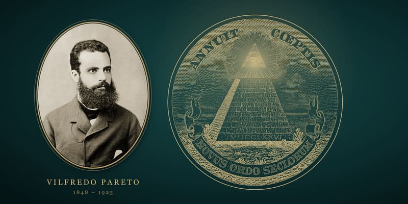 Portrait de Vilfredo Pareto en médaillon, face à la pyramide inachevée surmontée de l’œil de la Providence, gravée en or